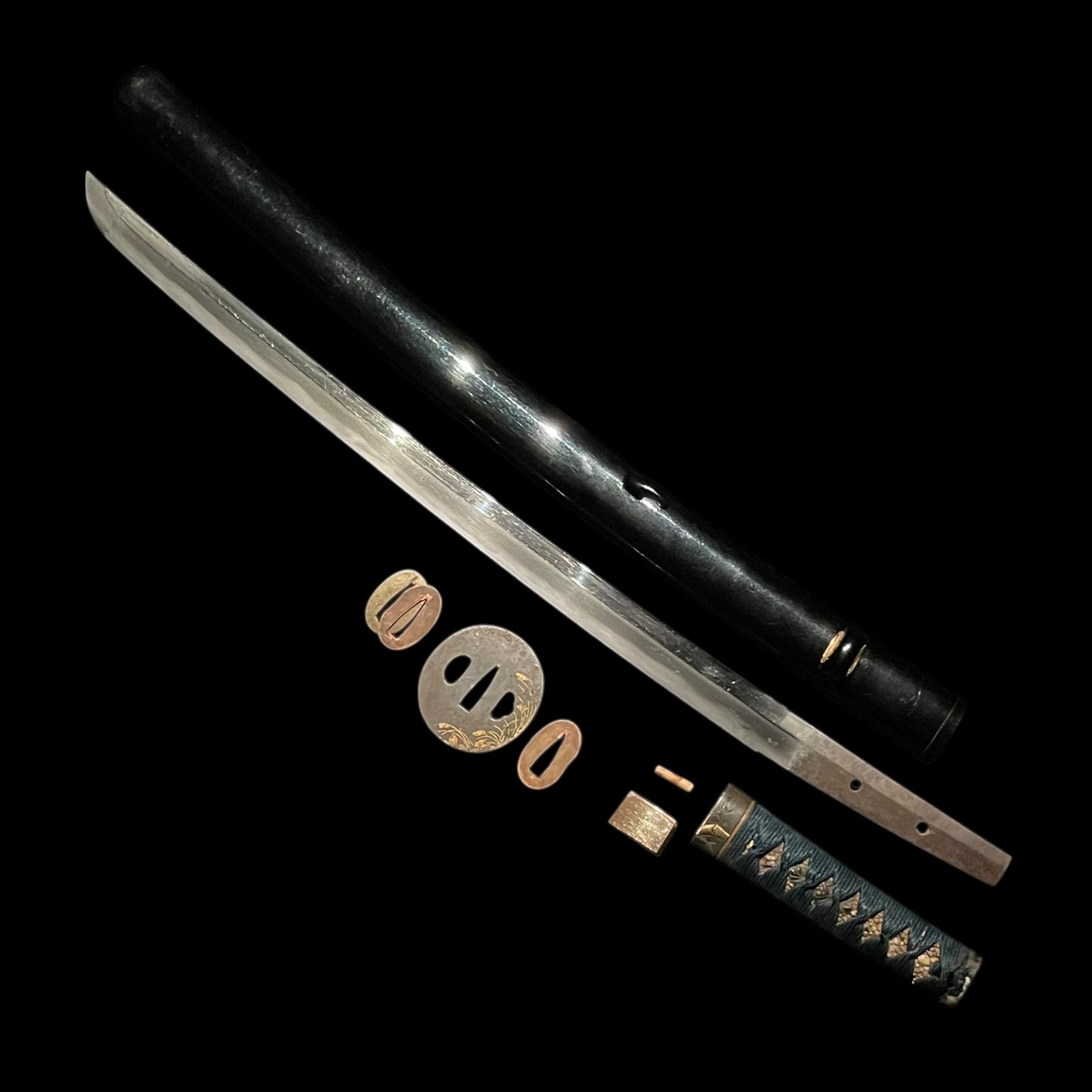 Black Wakizashi, Japanese pampas grass Tsuba, Edo period mumei