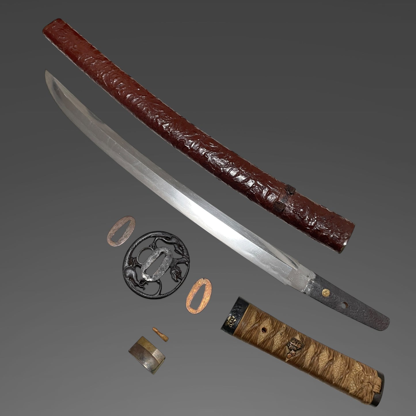 Red Shobuzukuri Wakizashi, Dragon Tsuba, Peony Fuchikashira, Muromachi period mumei