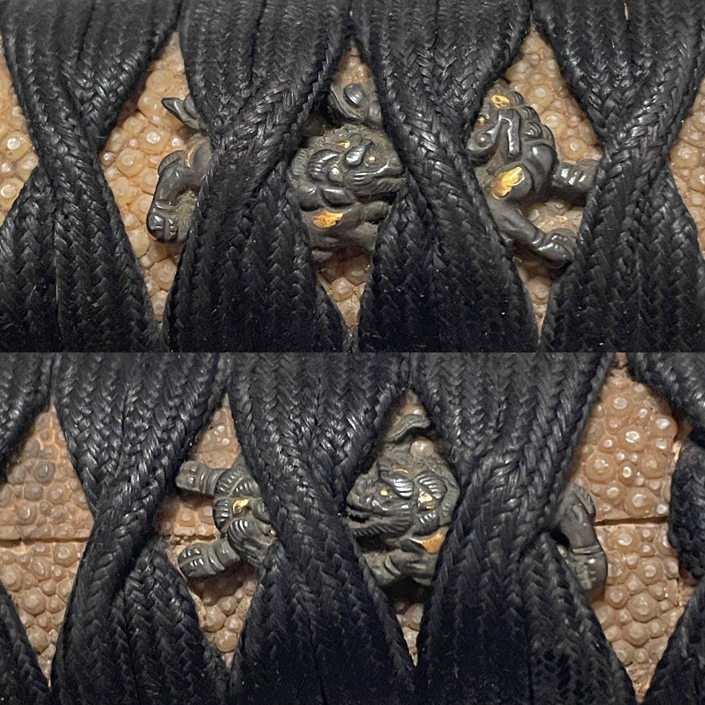 Tsutamon Fuchikashira 蔦紋縁頭 Long Wakizashi, Shakudo Shishi Menuki, Edo period mumei