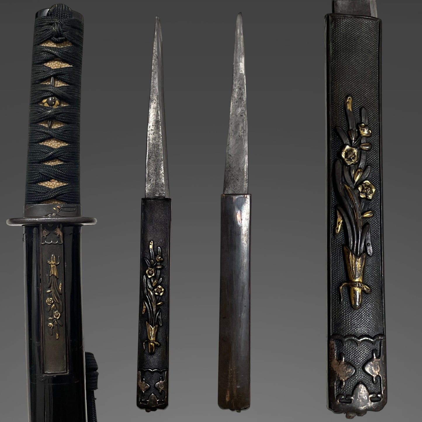 Toshinaga 利壽 signed Fuchi, Black TANTO with Kozuka, Muromachi period mumei, with Shirasaya