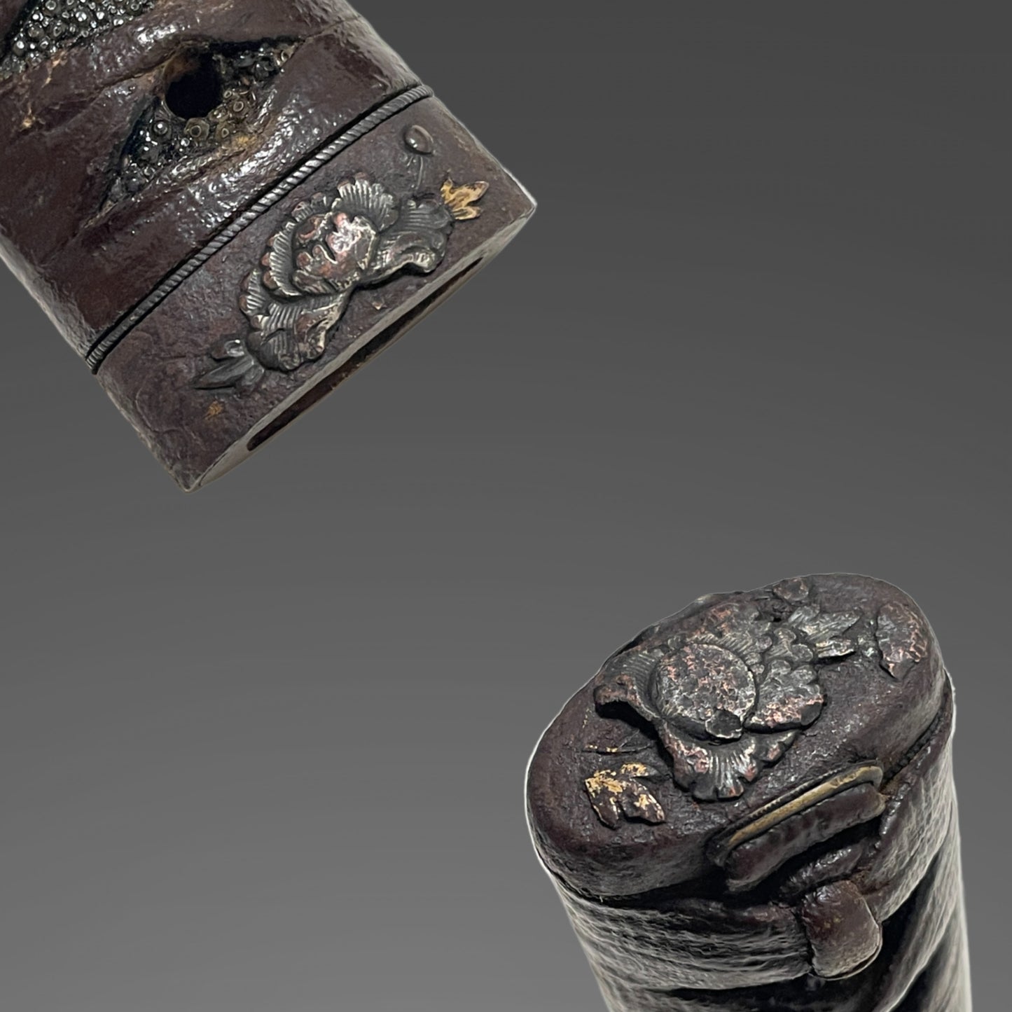 Masaie 正家 signed, Shobuzukuri Wakizashi, Peonies and butterflies Fuchikashira, Muromachi period