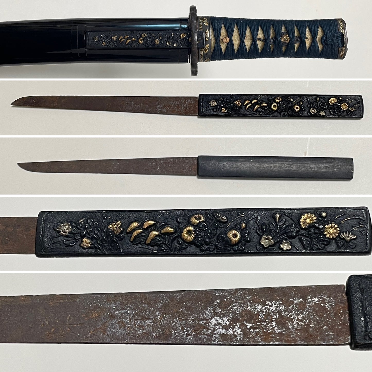 Authentic Koshirae for Tanto or Short Wakizashi, with Kozuka, Flower Fuchikshira
